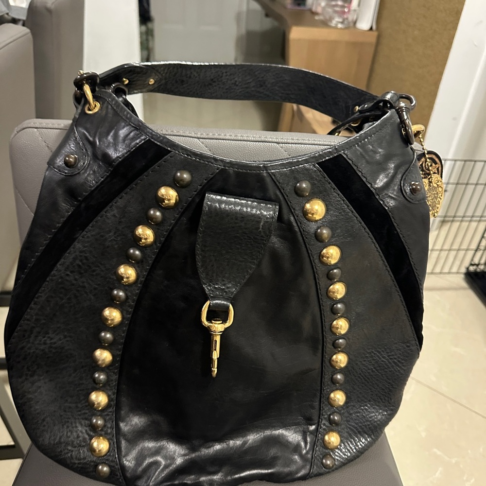 Vintage Gucci Black Leather Studded Fringe Shoulder Bag with Crest Medallions